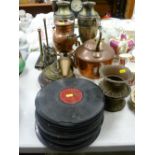 Parcel of brass, copperware, old records etc