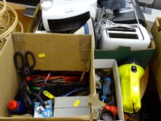 Box of small household electrics, toasters, fan heaters and a box of small garage items and torch