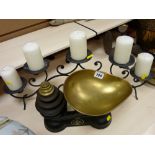 Well presented Salter of Staffordshire shop scales set with weights and a wirework candleholder