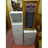 Metal two drawer filing cabinet, small slim white MDF cabinet and a wooden framed vintage chalk