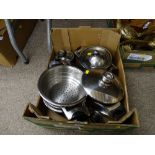 A box of stainless cooking pans etc