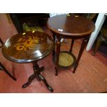 Circular occasional table with lower shelf and cane insert and a floral inlaid small tripod table