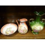 Neat jug and basin set and a similarly painted twin handled vase