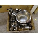 A box of assorted kitchen and similar stainless steel items