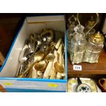 Box containing large quantity of miscellaneous flatware, glass and metal condiment set etc