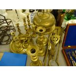 Mixed brassware- fire iron, candlesticks, teapot, etc