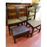 Parcel of three vintage farmhouse chairs and a leather? upholstered and studded stool