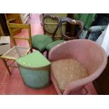 Pair of balloon back dining chairs and a loom chair, basket and one other