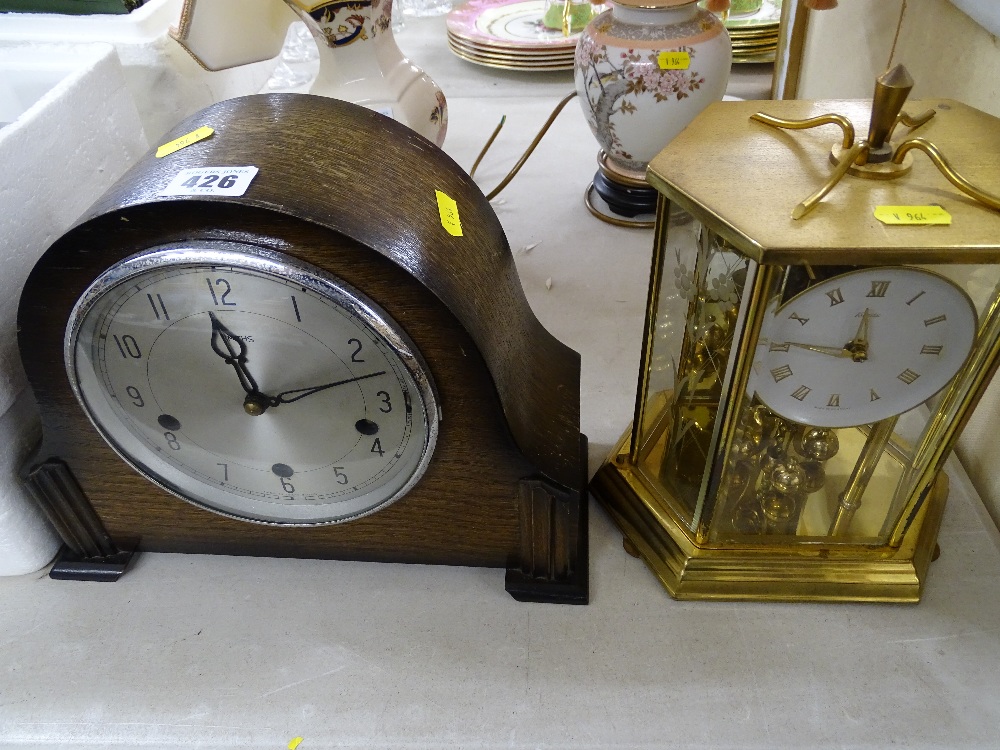 A boule, brass effect mantel clock and polished mantel closk