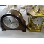 A boule, brass effect mantel clock and polished mantel closk