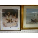 JOHN TRICKETT? limited edition print - hunting dog and a large print of docked sailing ships