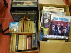 Parcel of vintage books and LP records in two boxes and a bag including Beatles items etc