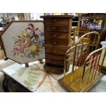 Small eight drawer chest on revolving base, a brass and wood magazine rack and small octagonal