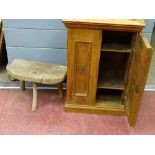 Small pine two door cabinet for H de Cabanas y carbajal Co.and a three legged milking stool