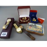 Quantity of vintage gent's watches, boxed Swarovski brooch and similar items