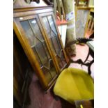 Mahogany twin glazed door wall hanging cabinet and a small balloon back chair