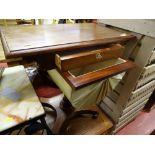 Polished wood work table with single drawer and under upholstered storage basket