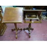 Two lectern style folding occasional tables on tripod bases