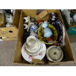 A box of mixed china including biscuit barrel, milk glass vase, etc