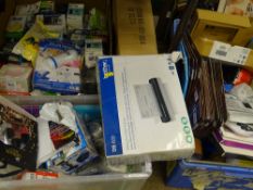 Several boxes and tubs of stationery items, household items, office equipment etc