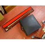 Cased two piece snooker cue etc