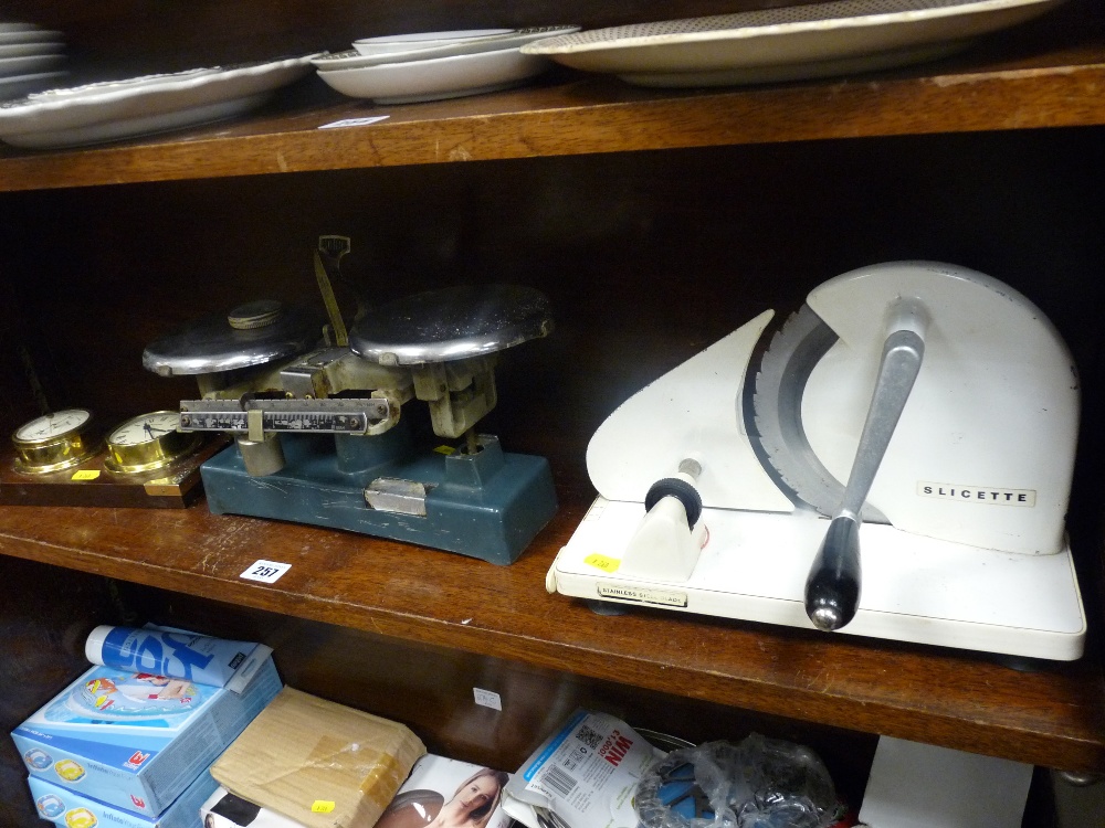 Set of vintage scales, a slicette and a modern wood mounted clock and barometer set