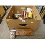 Mixed box of metalware and other collectables including a silver napkin ring, 1911 enamel ware