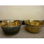 Two vintage brass jam pans with iron swing handles