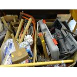 Two boxes of garden tools including bow saws, mallets and a case containing a 550w Performance