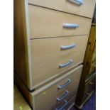 Pair of light wood effect melamine five drawer chests and matching pair of three drawer bedside