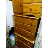 Pair of pine three drawer chests, matching three drawer bedside chest and a loom style ottoman