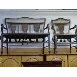 Edwardian inlaid mahogany three piece salon suite (for restoration)