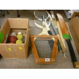 Three vintage tennis racquets, two hockey sticks, cricket bat with wickets and a boxed quantity of