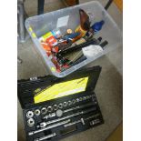 As new cased socket set, vintage Shell oil can, torque wrench and other vehicle maintenance tools