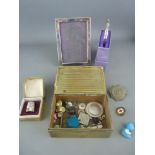 Hallmarked silver portrait frame and a thimble, a vintage cigarette box of badges and buttons etc