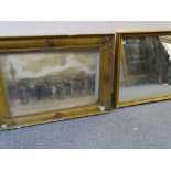 Large wooden framed rectangular mirror and a framed Victorian print of a formal gathering