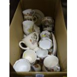 Good box of commemorative ware including a rare Wileman two handled mug, Victoria enamel beaker etc