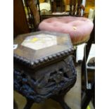 Vintage button upholstered piano stool and a carved marble topped Chinese stand