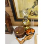 Vintage leather box, treen ware, oil lamp etc