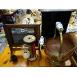 Vintage swing dressing mirror, a mill bobbin with attached sand timer, a vintage style helmet shaped