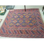 Cazak rug, red ground block diamond pattern centre with multiple border, 120 x 120 cms