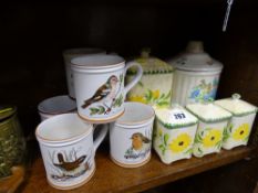 Parcel of lidded provision pots and six Denby ware bird decorated mugs