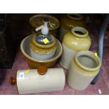 Quantity of stoneware honey jars and containers, a hotwater bottle and a vintage soda syphon