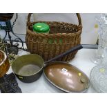 Vintage wicker basket, brass and iron handled cooking pan, copper bedwarmer and a sandwich box and