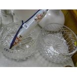 Cut glass fruit bowl and one other and a vintage milk glass rolling pin