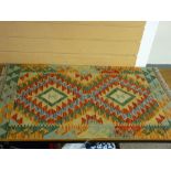Colourful vegetable dye wool Chobi Kelim carpet runner, single bordered with zig zag edged diamond