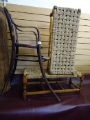 Vintage bentwood high chair and two long string topped stools