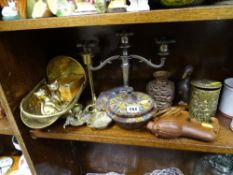 Small parcel of brassware, wooden ornaments and EP candelabra