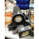 Three vintage and modern mantel clocks and a slate art table lamp