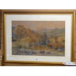 JOHN STEEPLE watercolour - river gorge and figures on a bridge in an autumnal setting